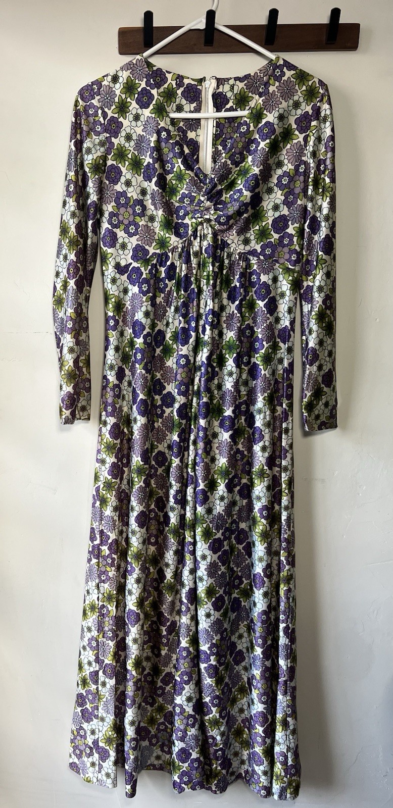 Vintage Empire Waist Maxi Dress Long Sleeve Floral Purple Green White 70s