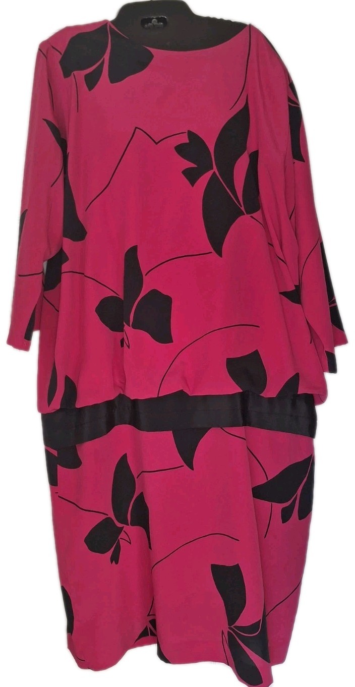 Vintage 80s O’Bryan Blouson Dress Size 20 Drop Waist Pink Black Floral Print