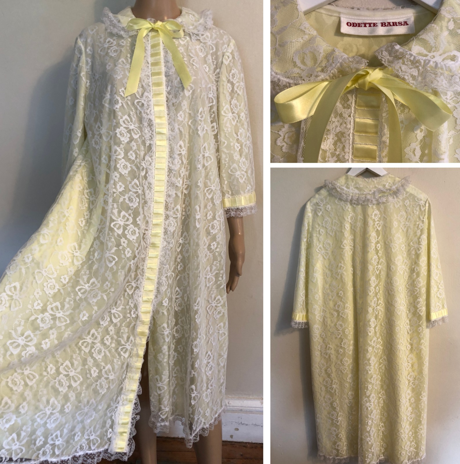 vtg 1960s ODETTE BARSA Lace Dressing Robe L/XL Yellow Peignoir Pocket