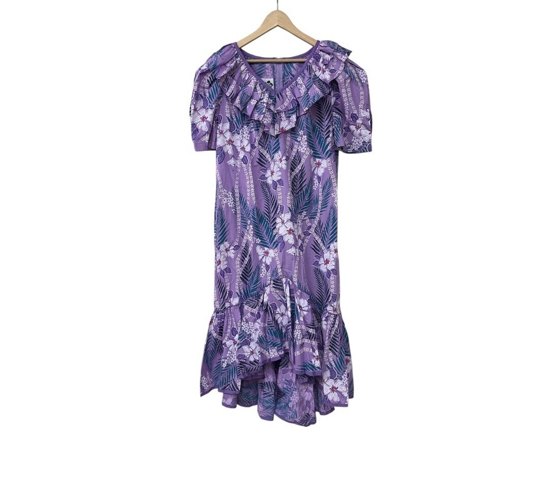 Vintage Hilo Hattie Hawaii Muumuu Purple Tropical Ruffle Maxi 18
