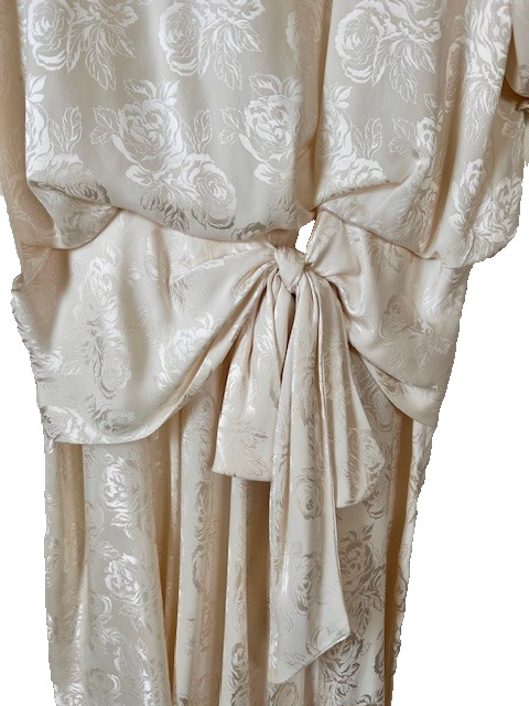 Jack Mulqueen Vtg 80’s Evening Dress Sz 8 Ivory Floral Jaquard Silk Drop Waist