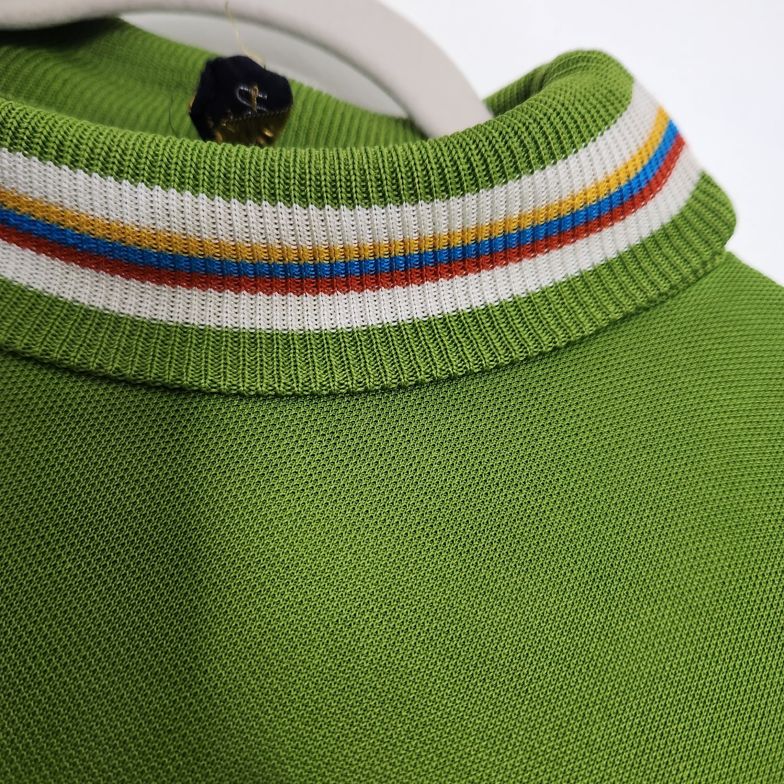 Vintage 70s Andrew Fifth Ave Avocado Green Turtleneck Shirt Rainbow Trim Size 14