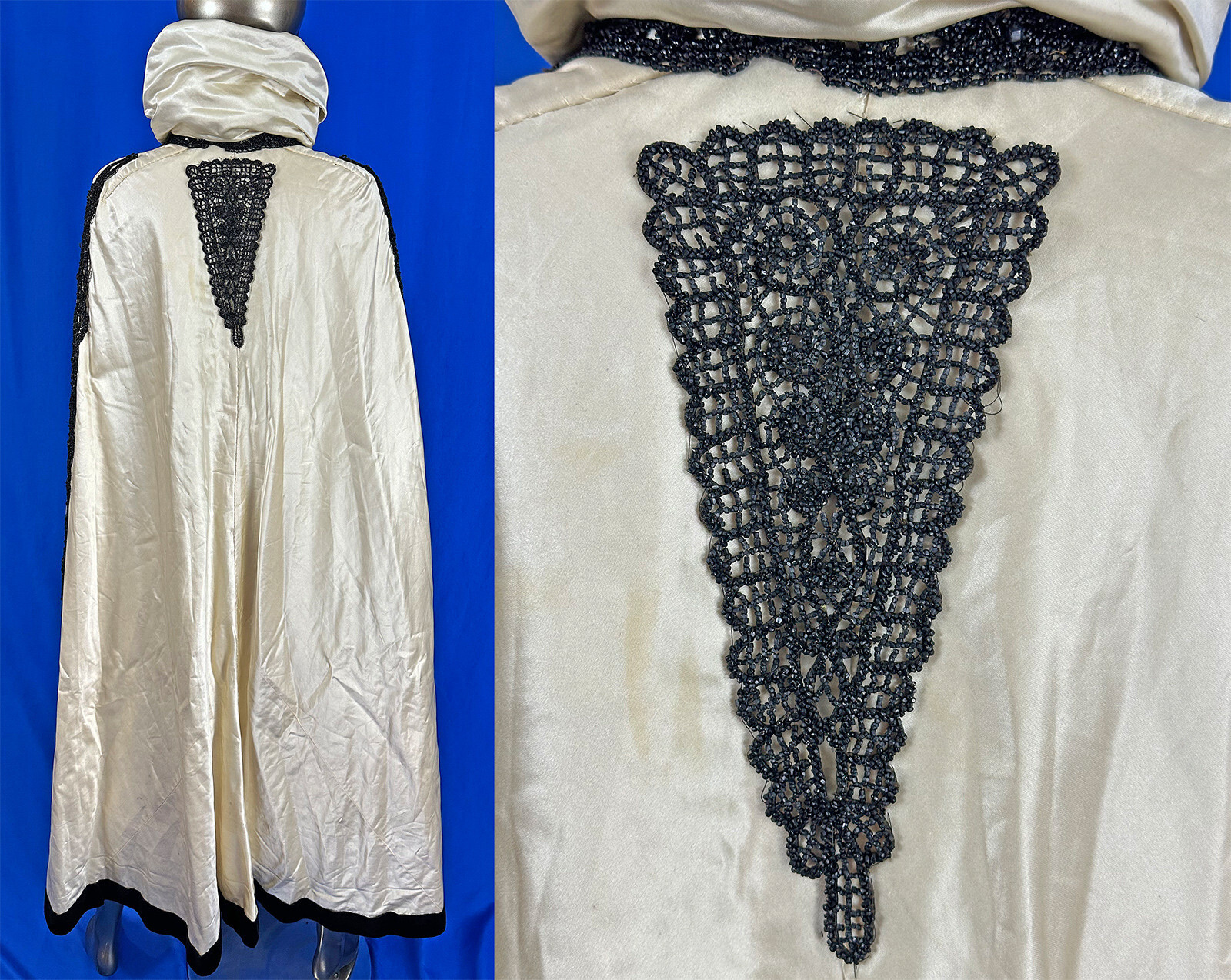 Victorian I Magnin & Co White Silk Black Jet Beaded Evening Opera Cloak Cape VTG