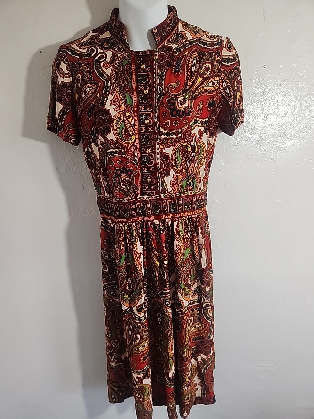 vintage 70’s dress paisly polyester psychedellic jerrie lurie 1970’s hippy 27″ w