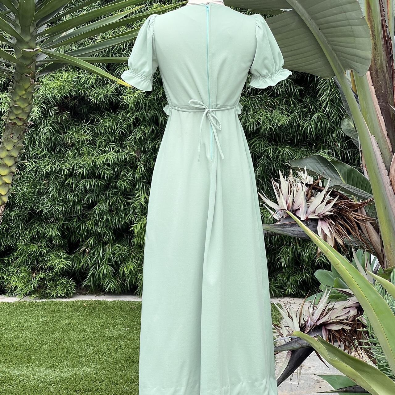 Vintage 1970s Green Olive Mint Long Maxi Dress Prairie Hippie Cottage Core Dress