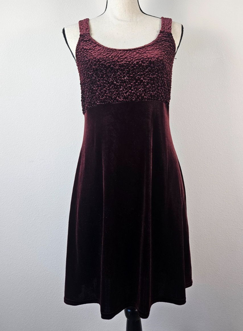 Vintage Y2k Burgundy Wine Velvet Whimsigoth Babydoll Dress Women’s Size Large
