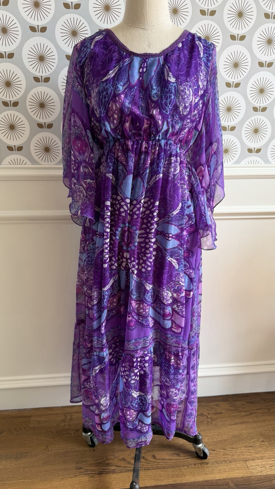Vtg BLAIR Purple Chiffon Maxi Dress Sz Sm Petite Paisley Boho Butterfly Fairy