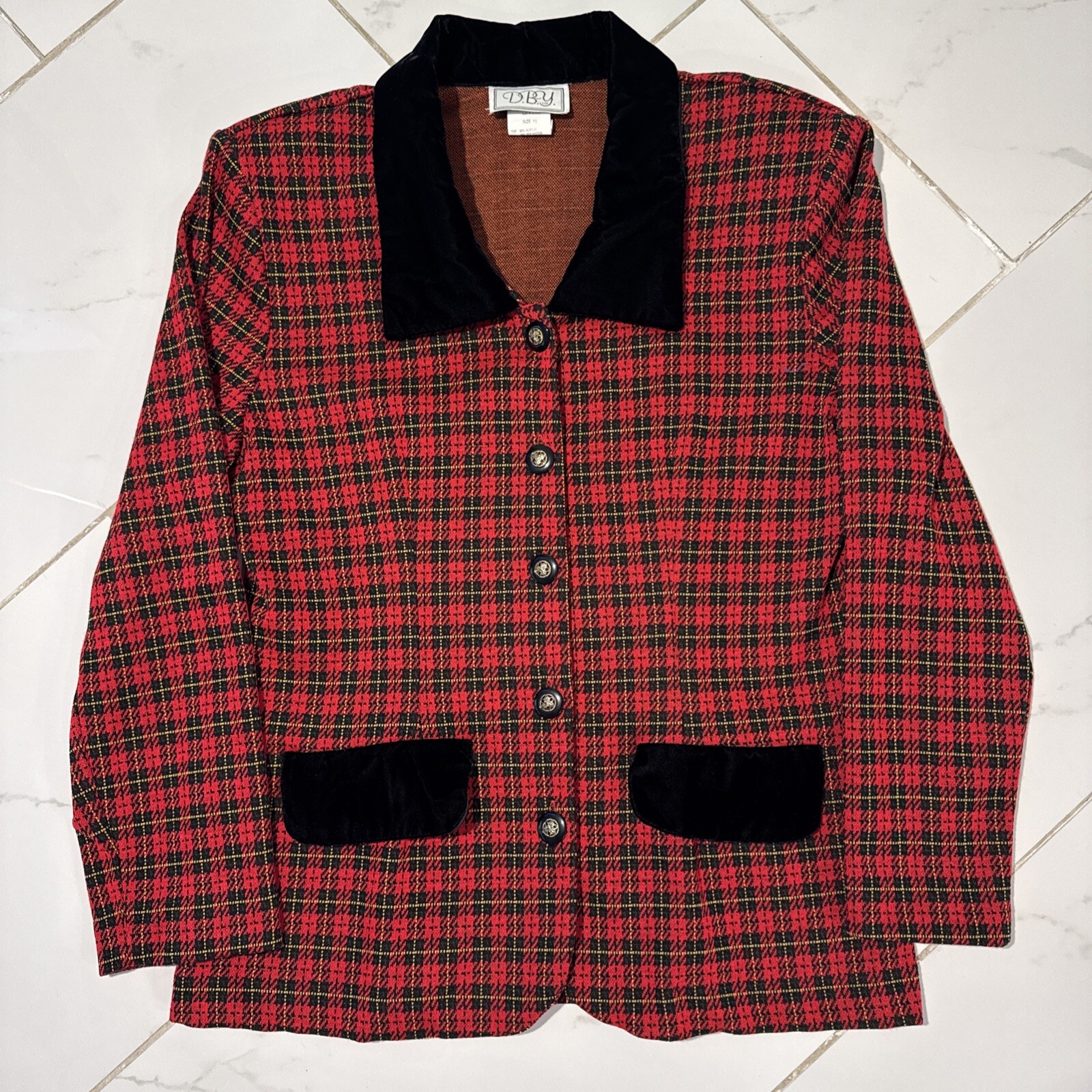 Vintage 80s D.B.Y. Red Plaid Acrylic Blazer Top Size 11 Secretary