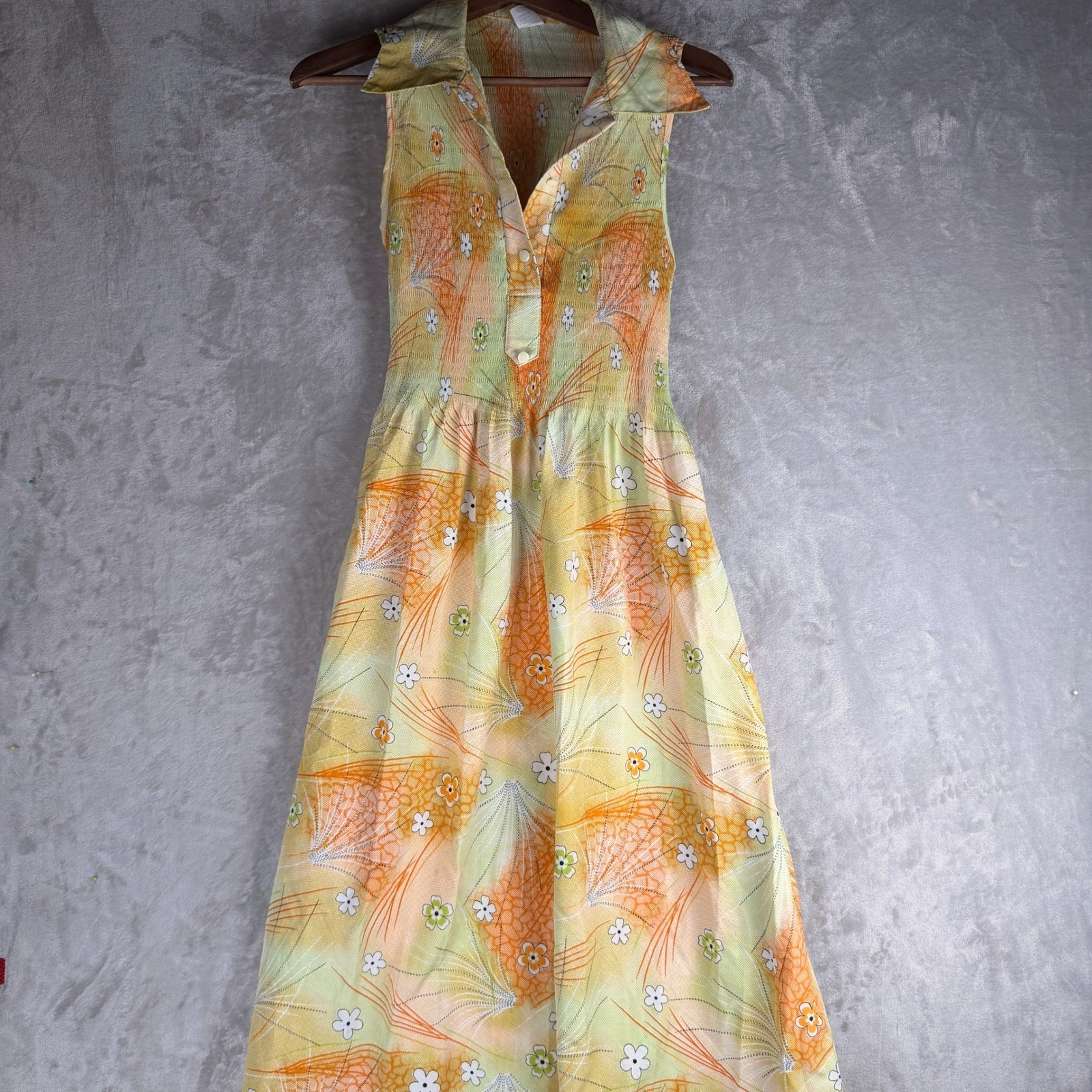 Boho soft girl Vintage 70s Floral Plisse Sleeveless Midi Dress Orange Yellow