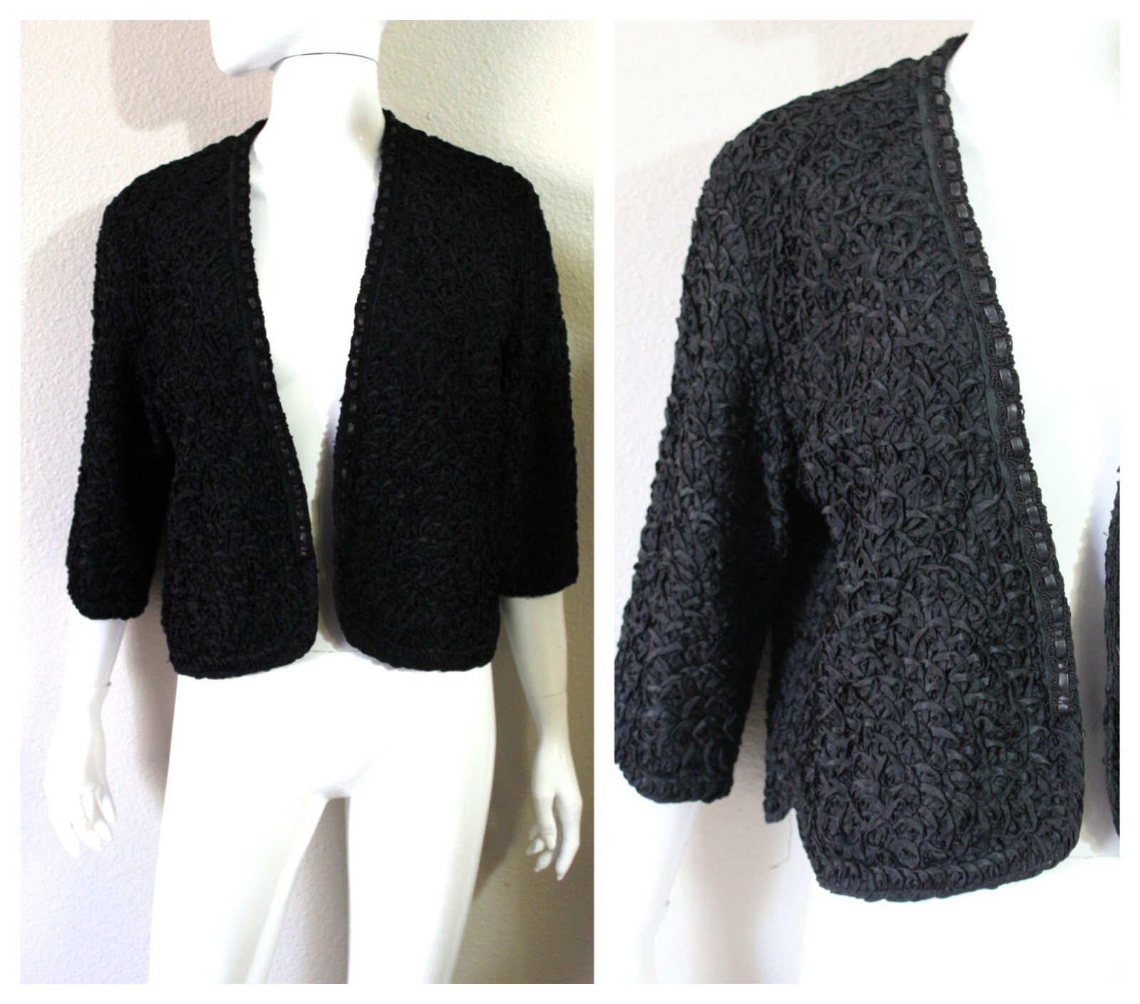 Vintage 40s Black Rayon Woven Ribbon Wool Bolero Jacket Sweater Cardigan