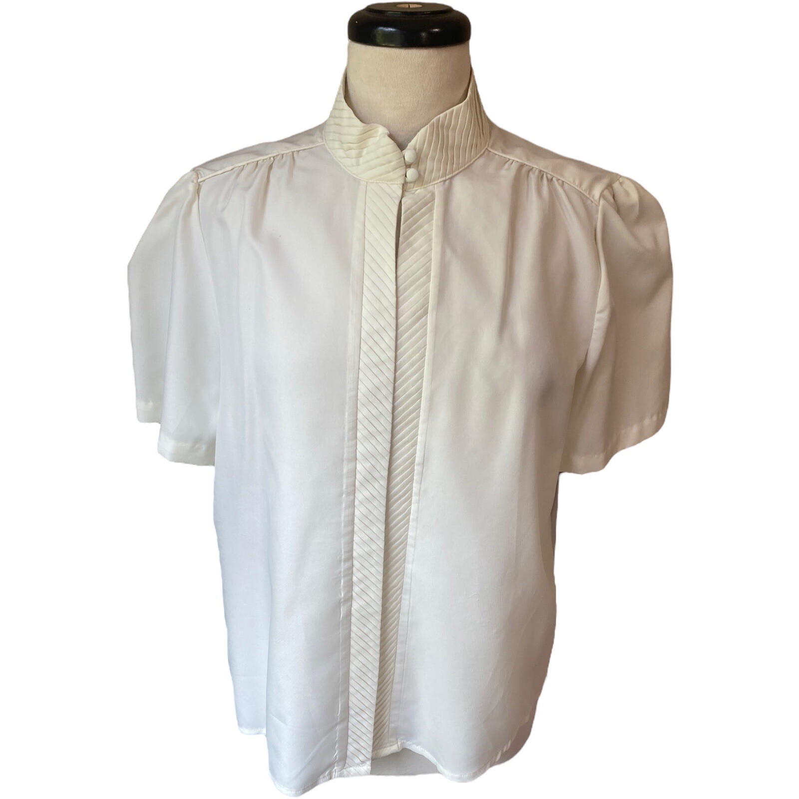 VTG Rhoda Lee 50s 60s White Ivory Blouse Sz 16 High Neck Short Sleeve Button Up