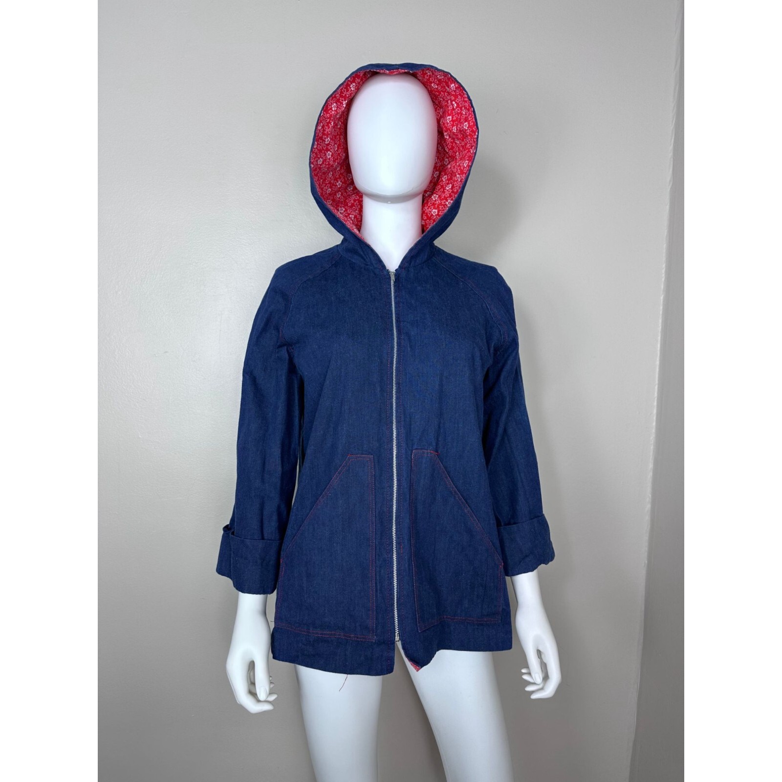 Vintage 1970s Denim Jacket with Red Floral Lined Hood 70s Shelly’s Tall Girls