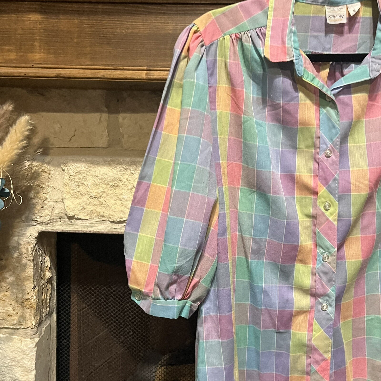 Vintage Pastel Checkered Plaid 70s 80s Button Up Shirt Top