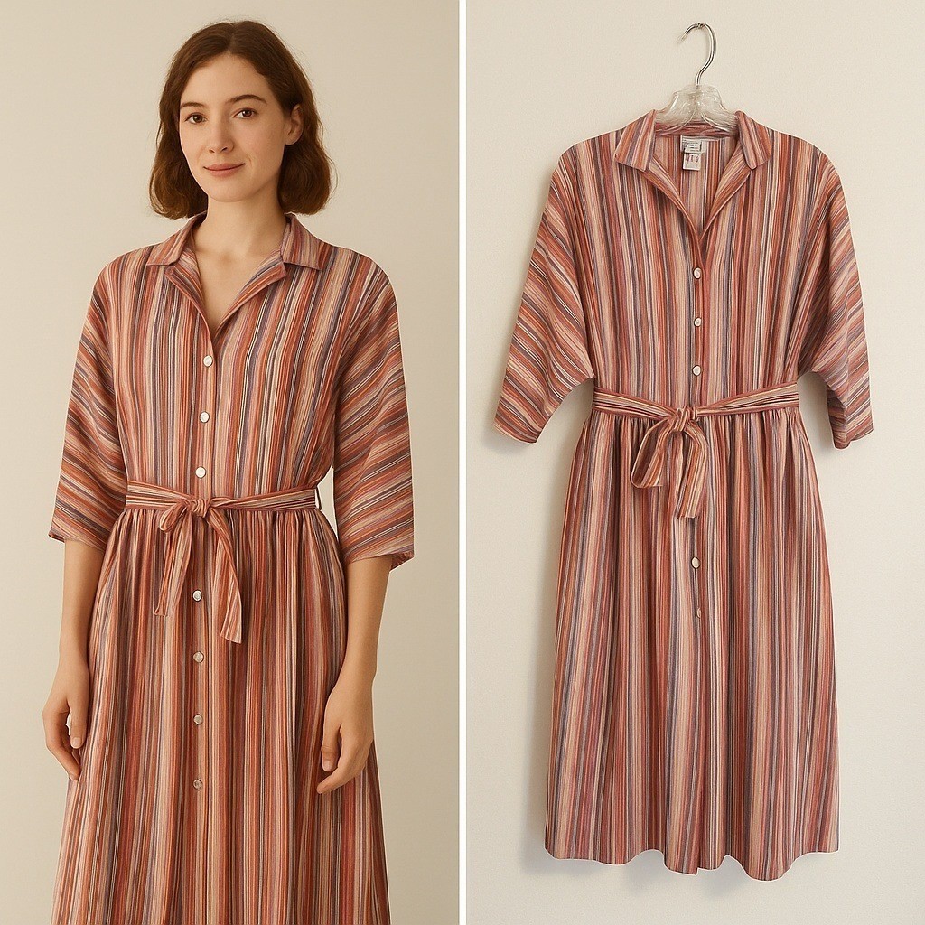 Vintage B Altman & Co Striped Midi Dress Collared Button Front Belted 12