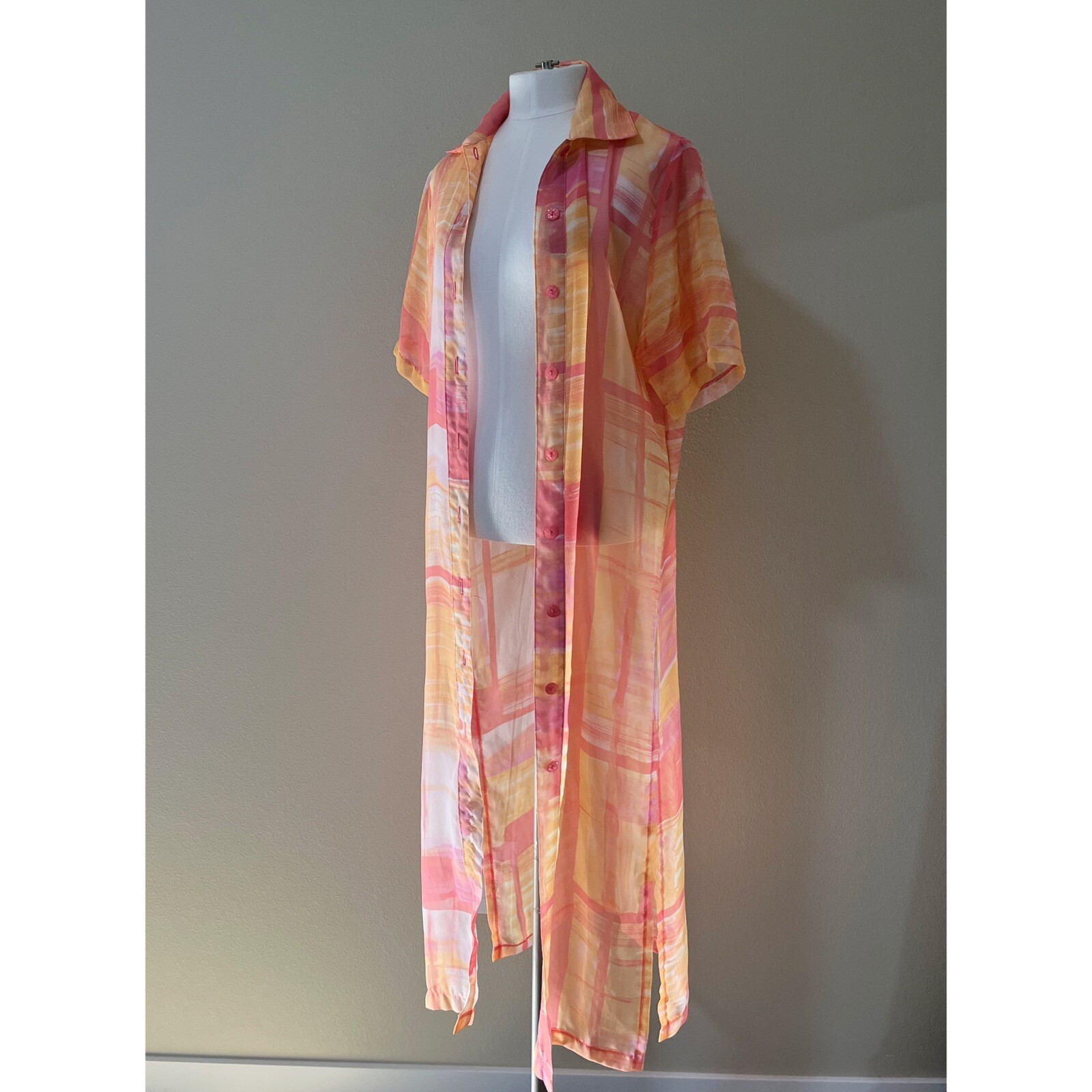 Vintage Seasuns Pink Orange Ombré Sheer Button Down Cover Up Dress
