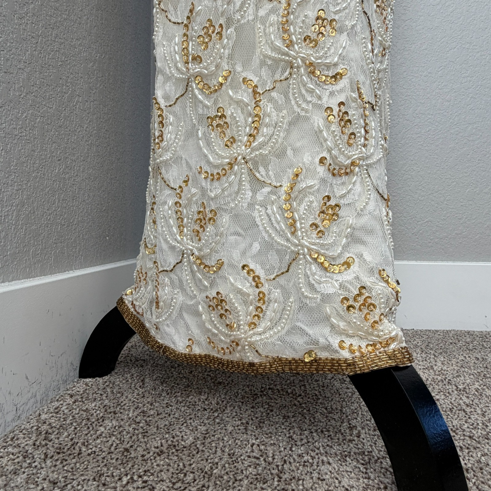 VINTAGE 80s Judith Ann Creations Ivory Gold Beaded Sequin Gown Dress Small