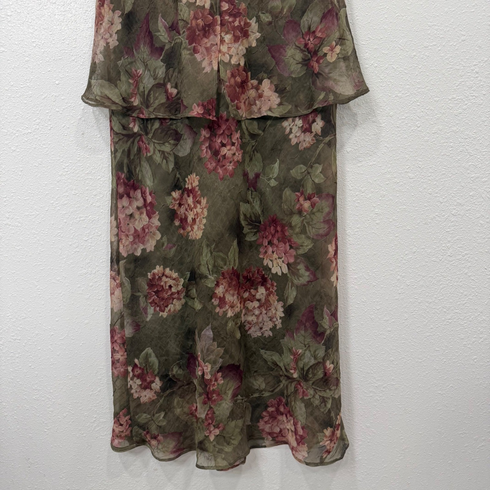 Miss Dorby Vintage Floral Maxi Dress Olive Green Hydrangea Print 12 8663117
