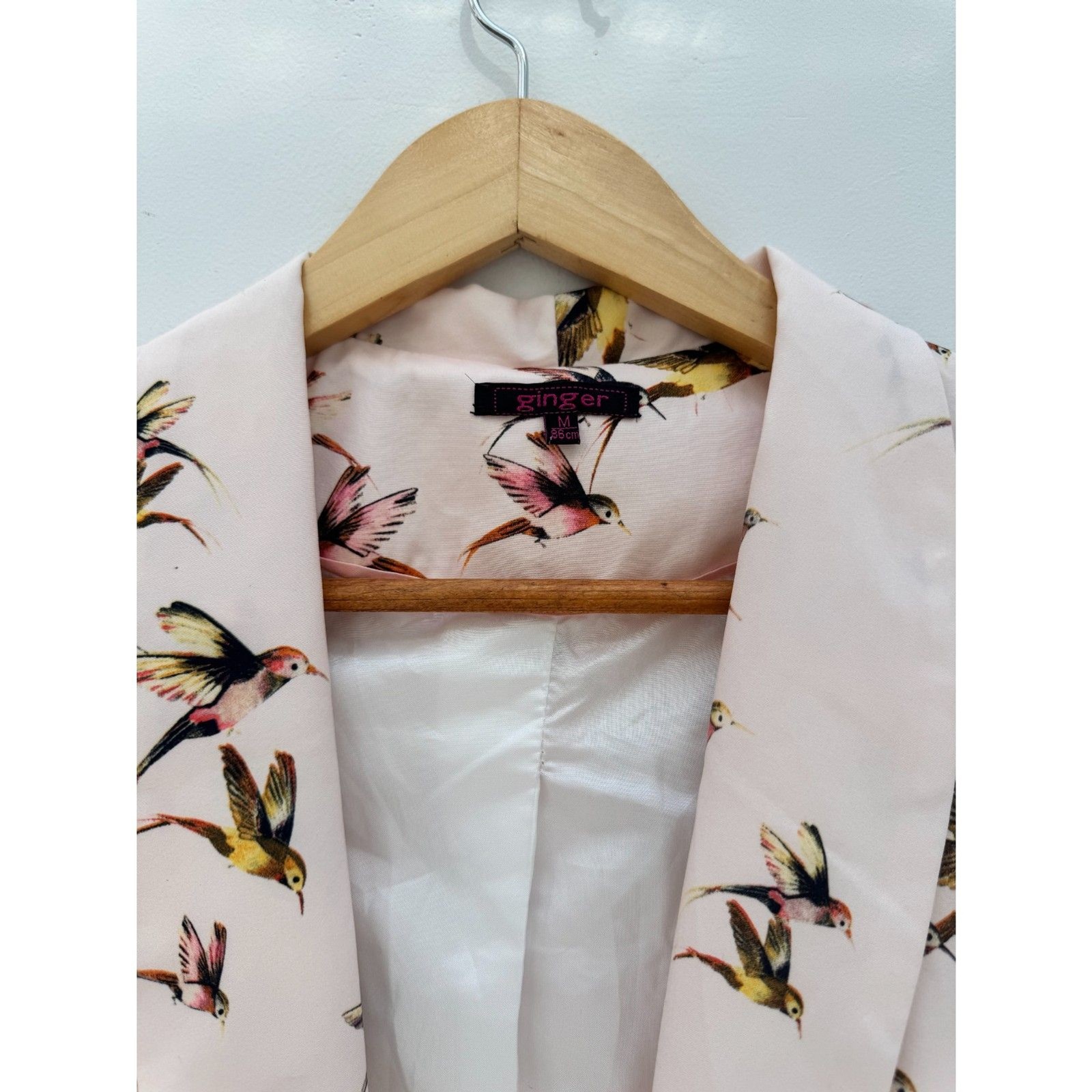 Ginger Blush Pink Hummingbird Print Blazer Open Front Size M