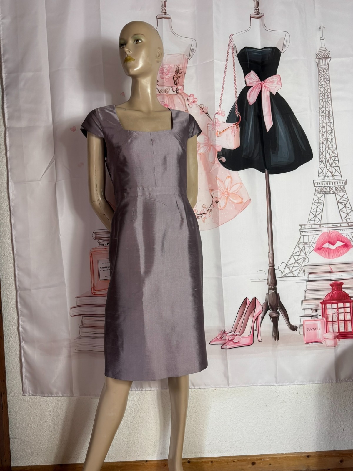 Mariposa silk ensemble dupion silk taupe silver dress frock coat size 38