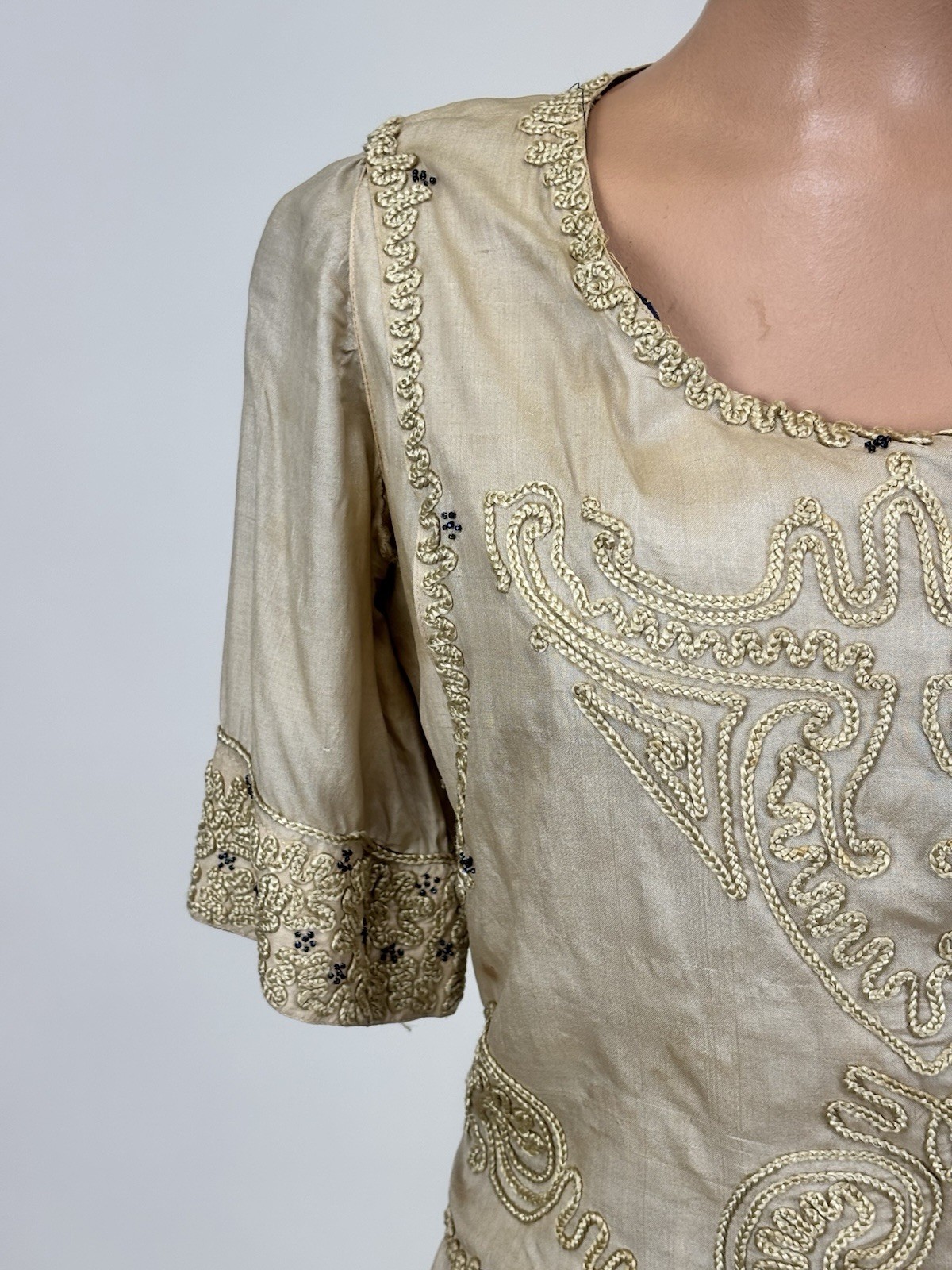 Antique Edwardian 1910s Beige Silk Day Dress Cording Blue Beads Wrap Bodice
