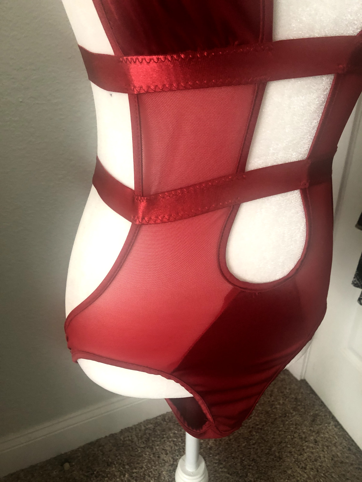 New S Dark Red Liquid Satin & Sheer Sexy 1 PC SUIT Strappy TEDDY Lingerie Halter
