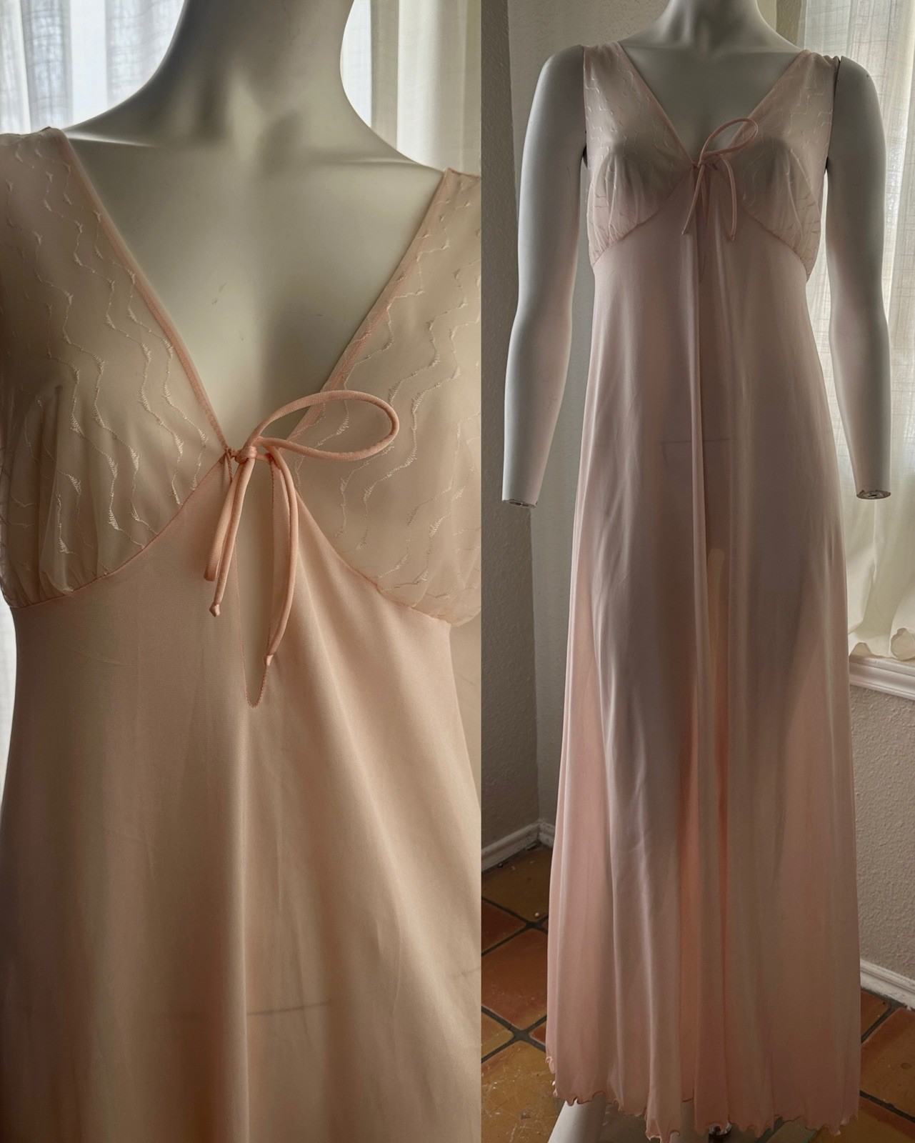 1970s Peachy Pink Nylon Slip Dress Negligee Lingerie Size Large