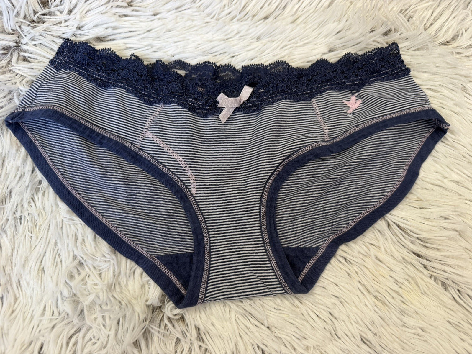 Vintage Y2K Aerie Sm Cotton Blue Striped Hipster Bikini Panties Lace Trim bow