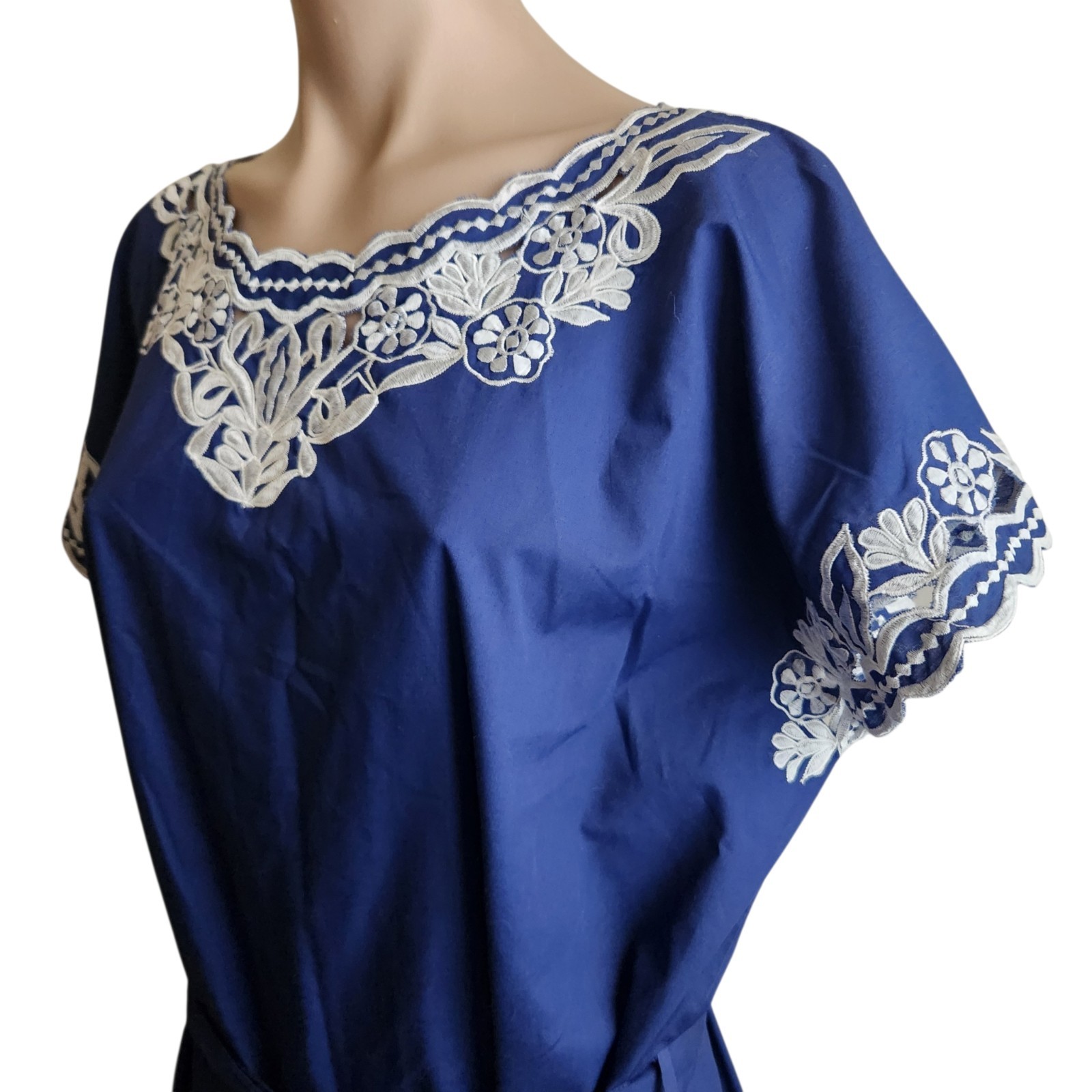 VTG 60s Caro Of Honolulu Hawaiian Aloha Dress Embroidered Blue MCM Boho Hippie