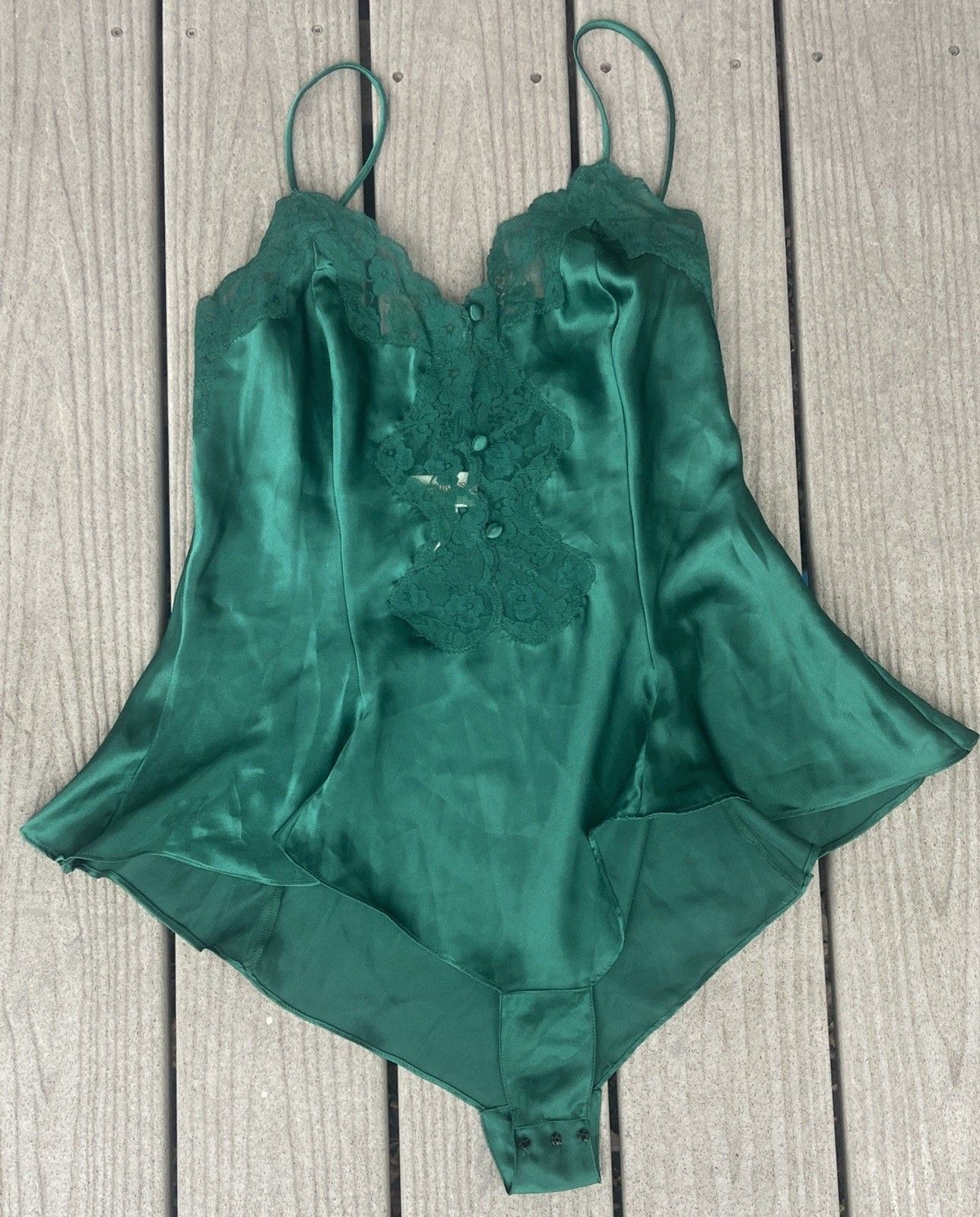 90’s VTG Victoria’s Secret Emerald Green Satin Lace Teddy Bodysuit L Snap