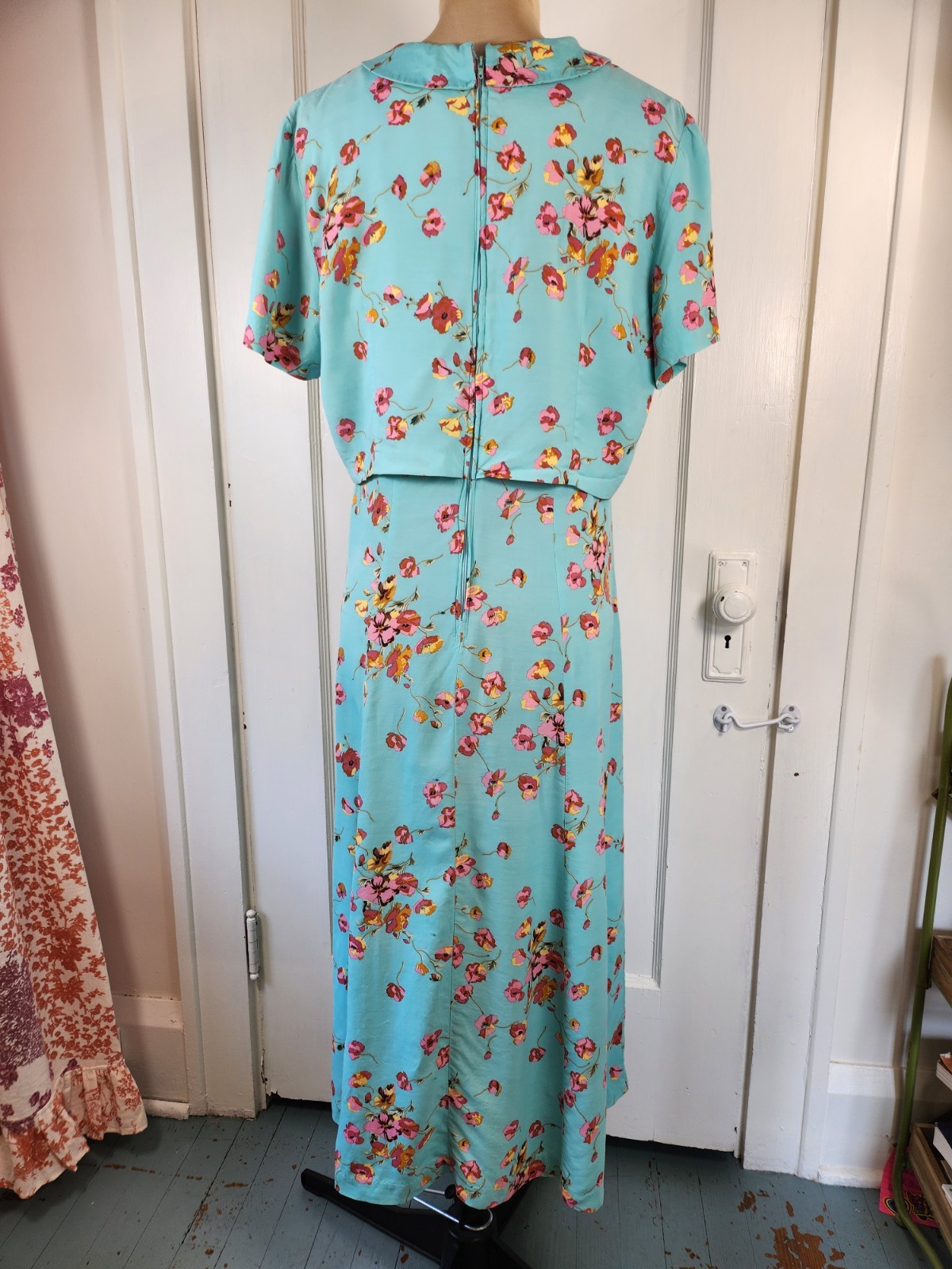 Vtg 90s Cherry Blossom Aqua Jacket Maxi Dress Karin Stevens Sz 10/Medium