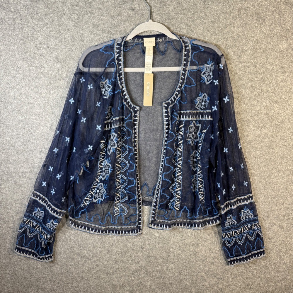 Chico’s Navy Blue Embroidered Open Front Sheer Festival Jacket Size 4