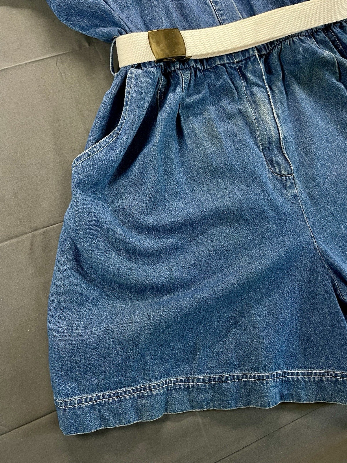 Vintage 1980s Forenza Denim Romper Jumpsuit XL Blue Utility Metal Button Belted