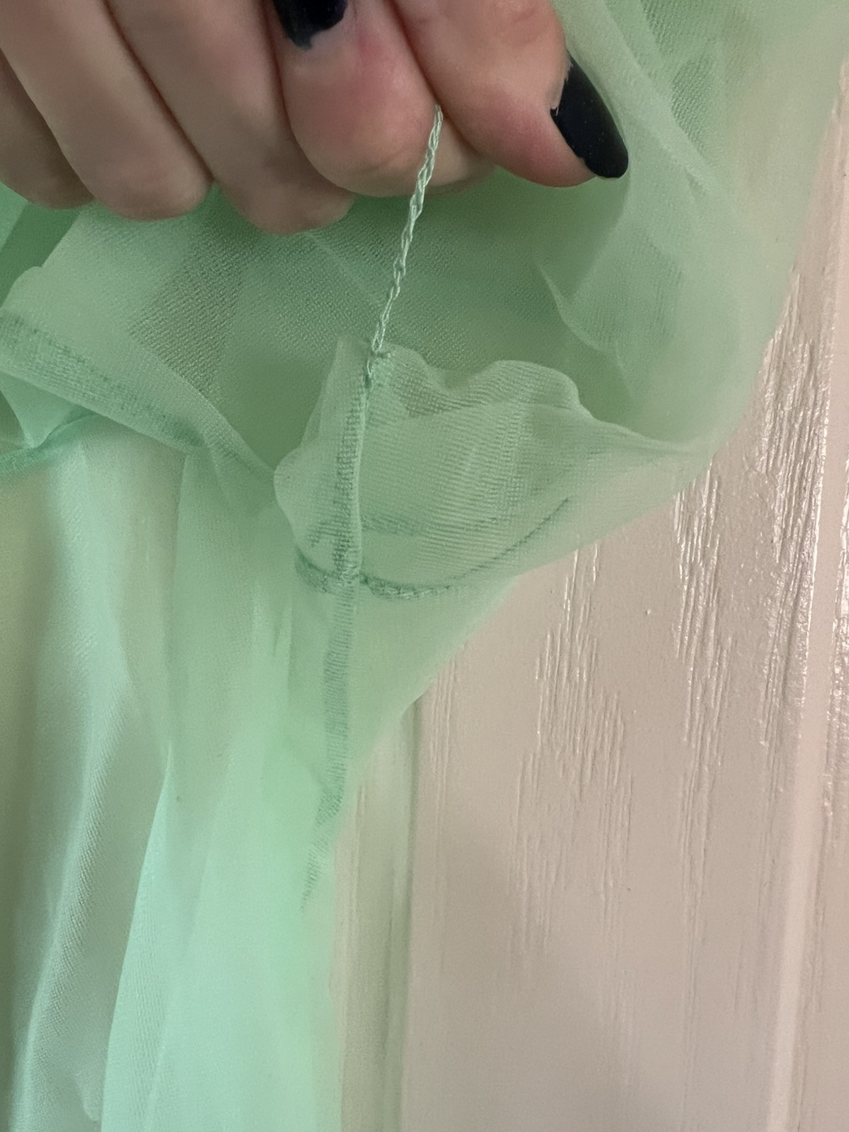 Vintage Robe Mesh green tie font lace trim bright green sexy sheer open size 70s