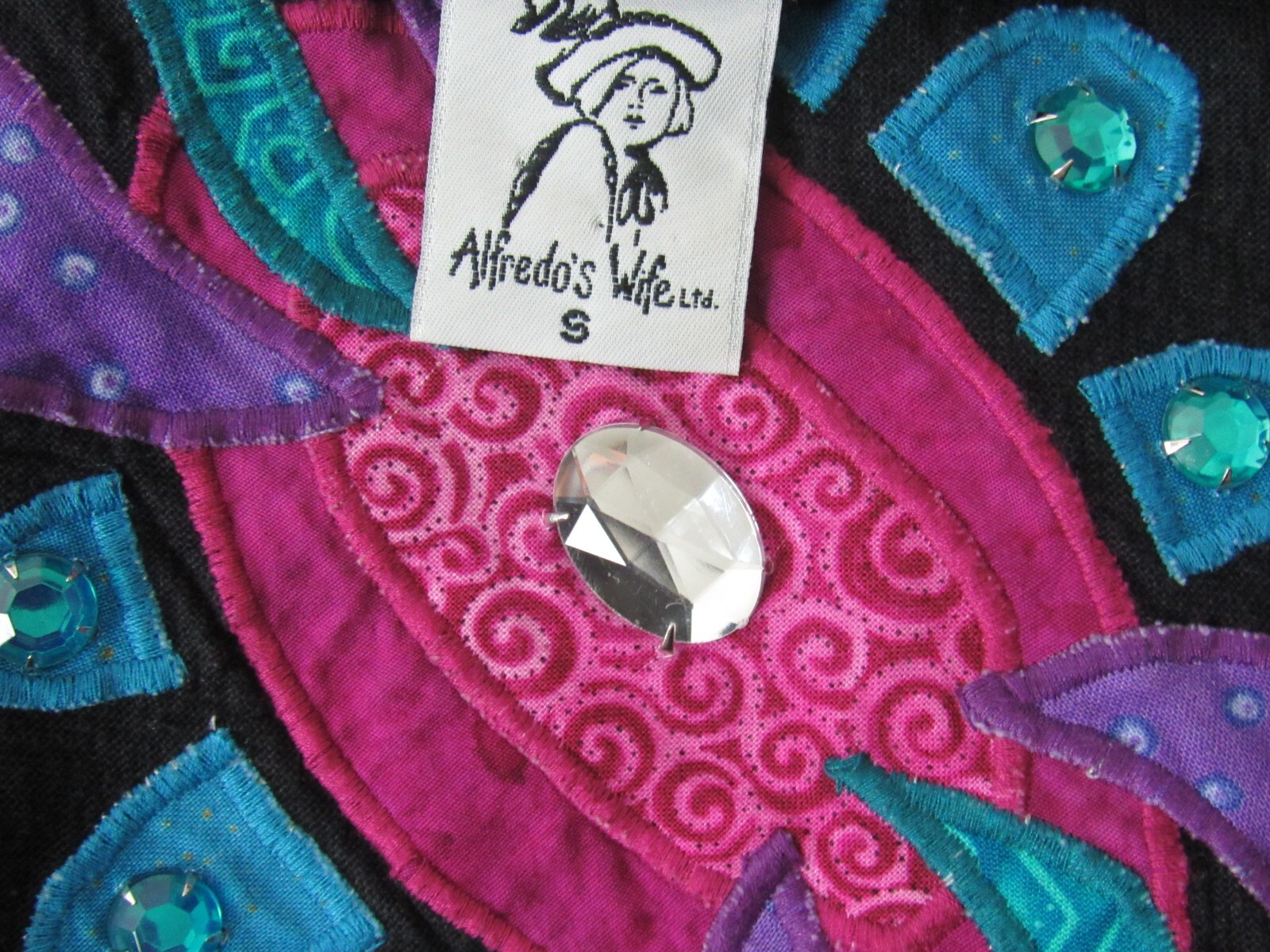 VTG 1970s 80s ALFREDO’S WIFE COTTON BUTTON FRONT SHIRT BLACK ETHNIC PATTERN SM