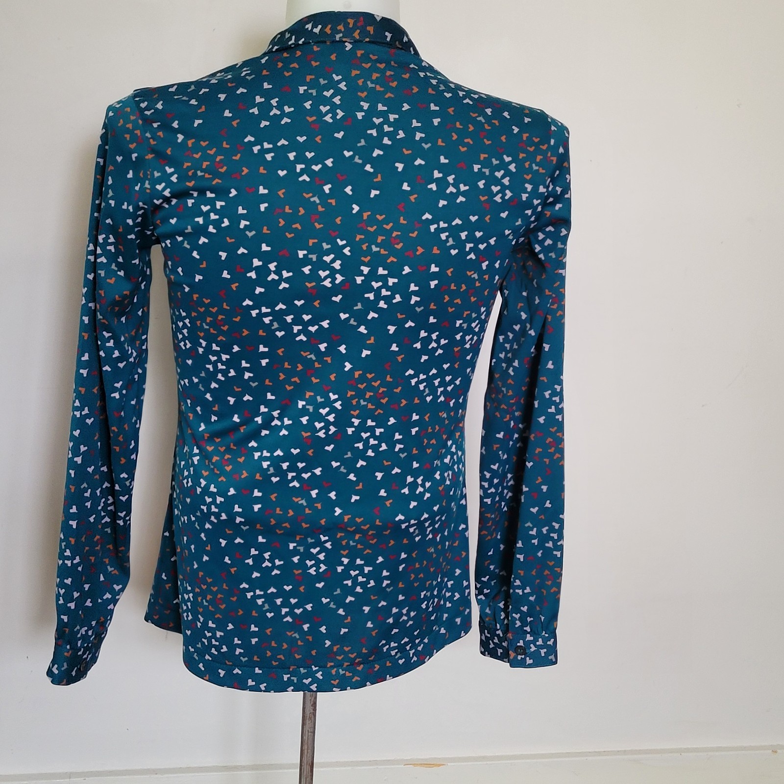 Vintage 70s Sears Blouse The Fashion Place Teal Geometric Button Front Size:Read