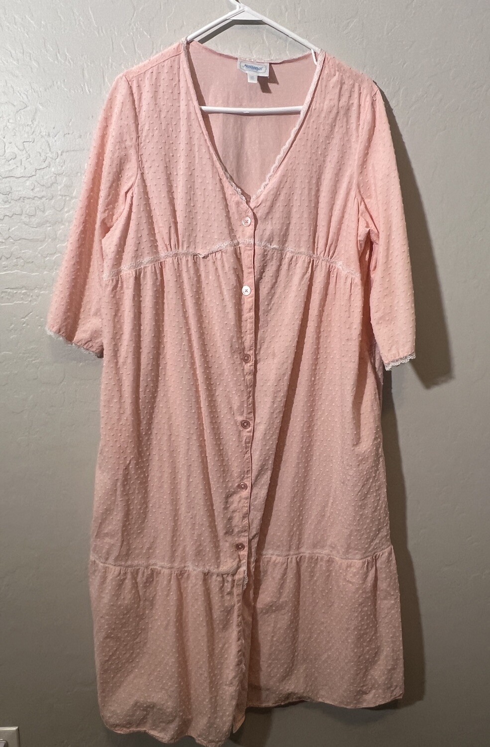 Vtg NATIONAL Nightgown 1XL Cottage Core White Pink Dot House Dress Trad Wife