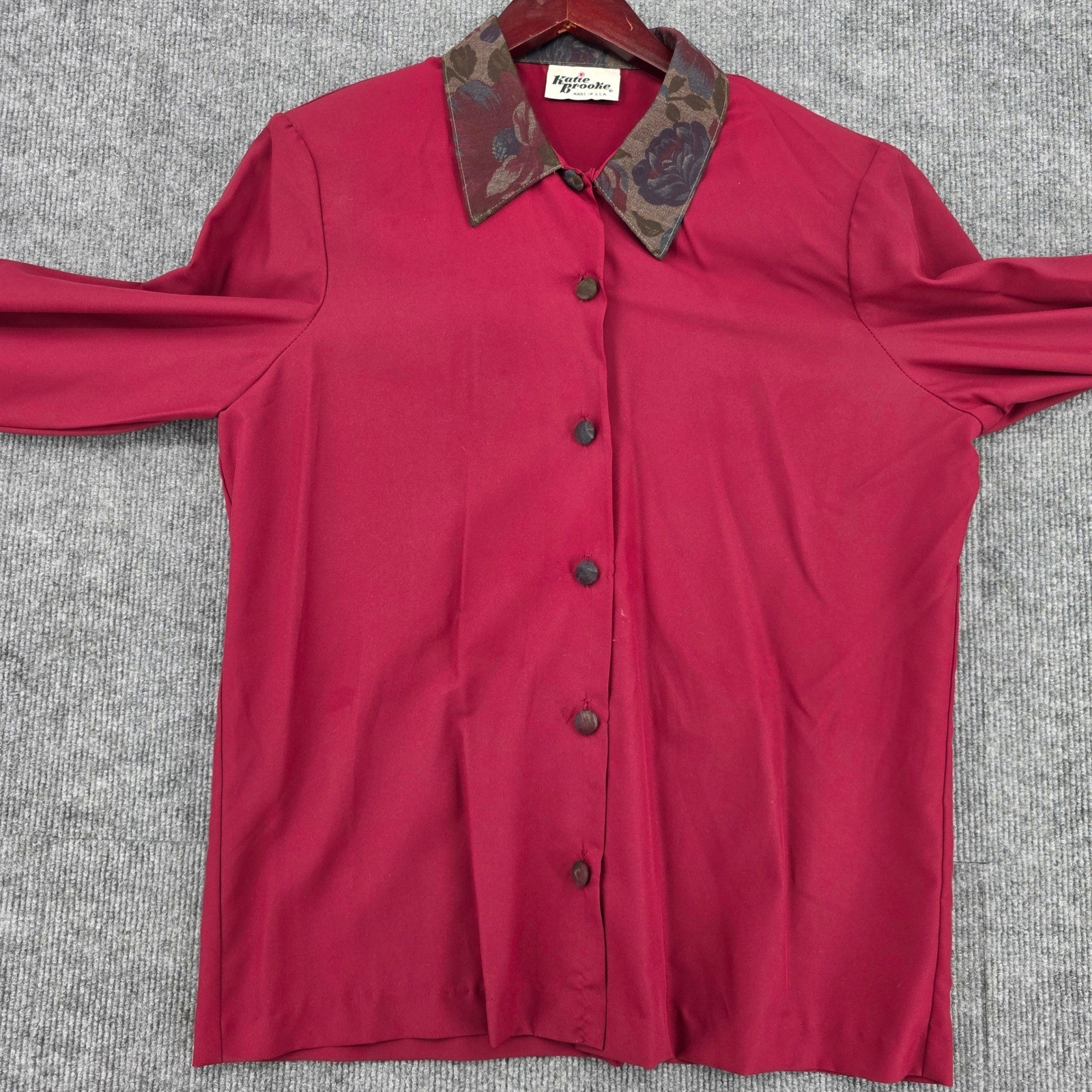 Katie Brooke Vintage Burgundy Button Down Blouse Floral Tapestry Collar USA Made