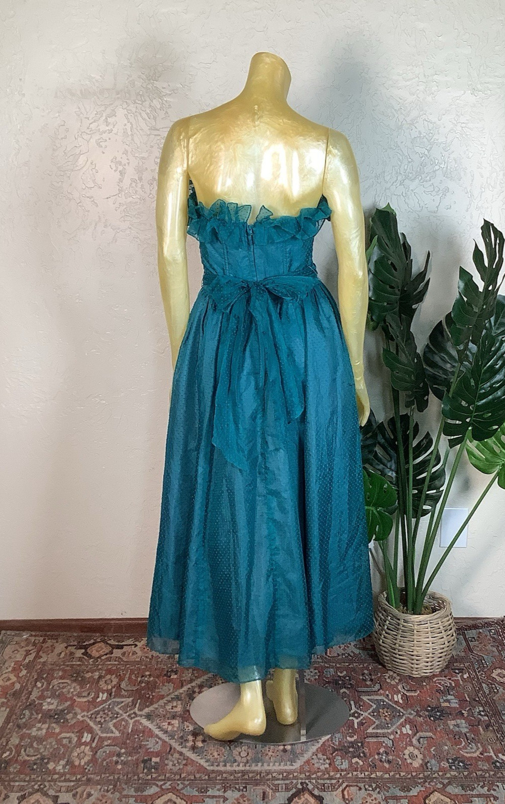 Vtg 1980s Gunne Sax Teal Swiss Dot Strapless Tea Length Semi-Formal Dress