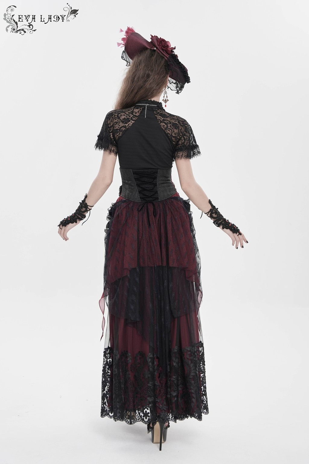 Eva Lady Women Black Red Retro Gothic Elegant Cross Bat Corset With Tulle Skirt