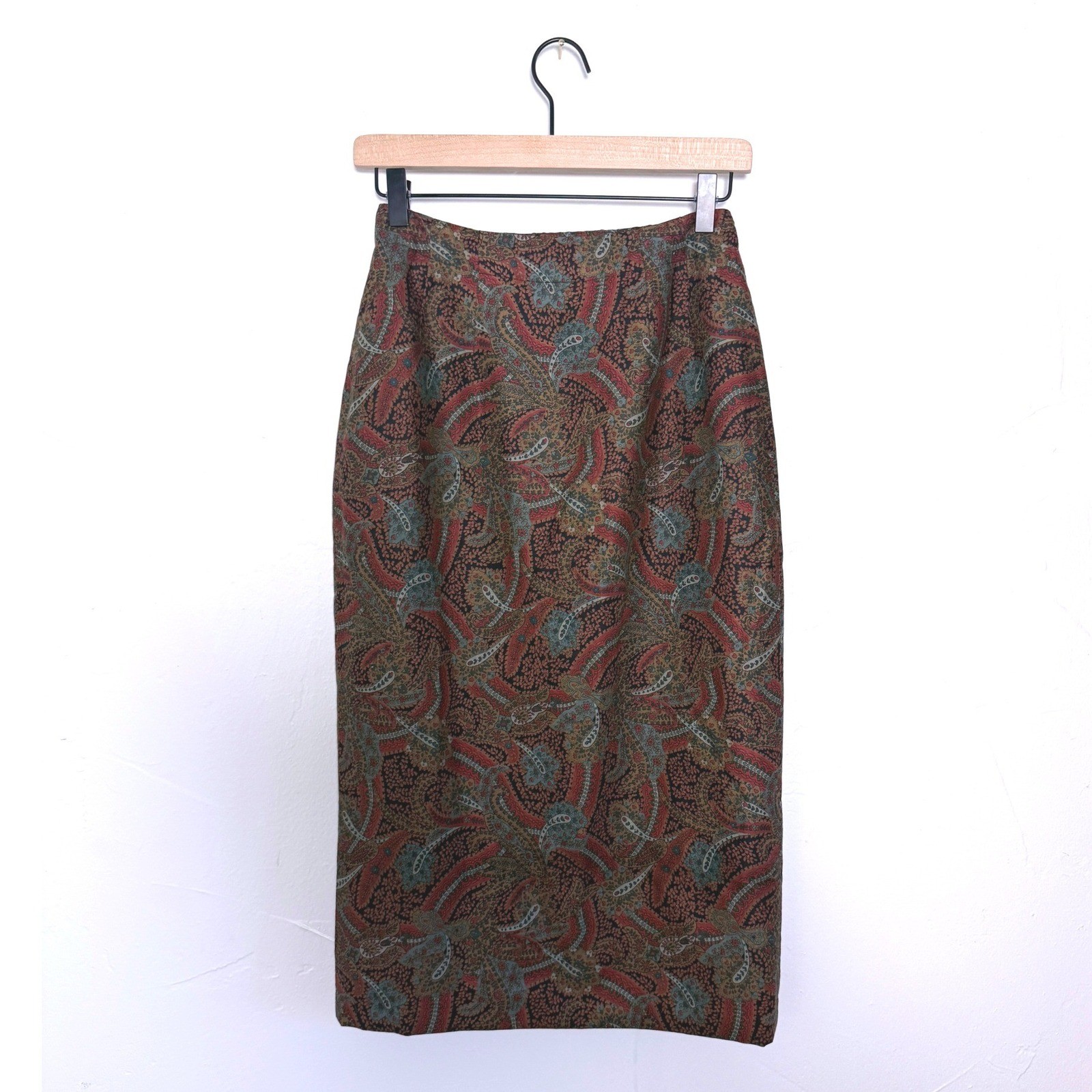 Vintage 90s North Franklin Street Paisley Rayon Wool Midi Skirt USA Size 6