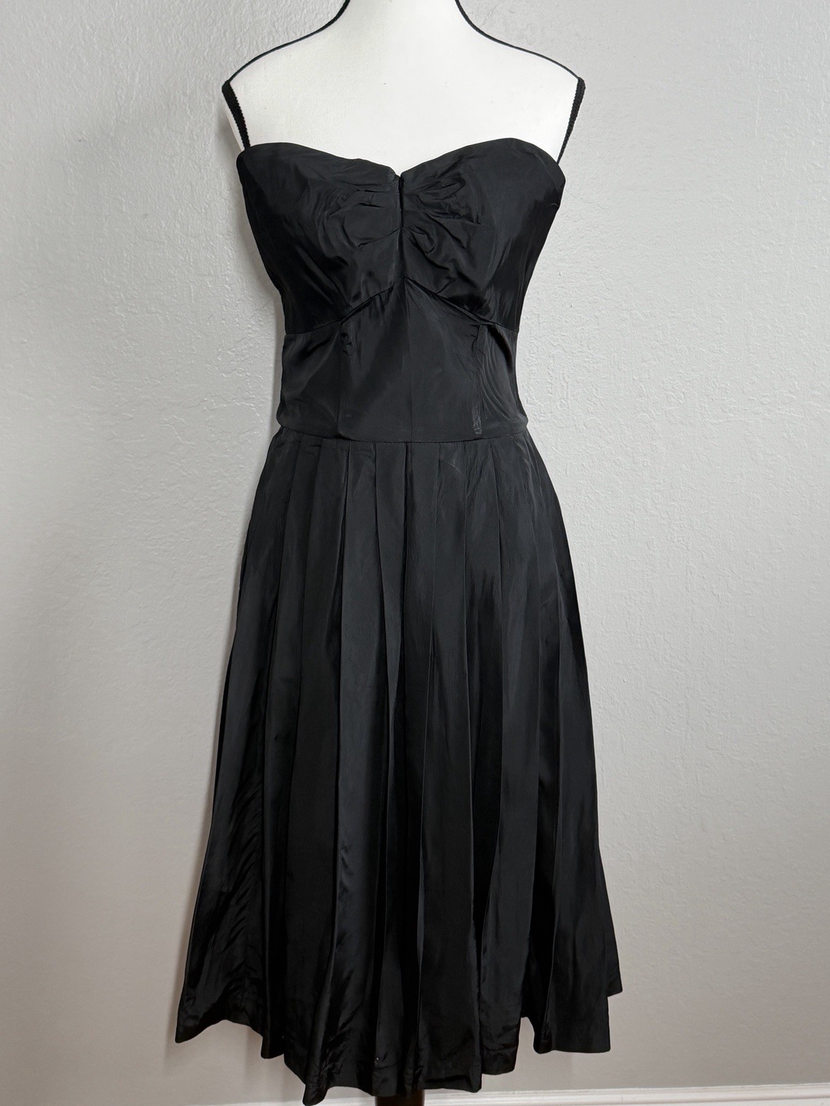 VTG 1950s Black Taffeta Strapless Cocktail Dress Talon Zip Pleated Fit Flare S