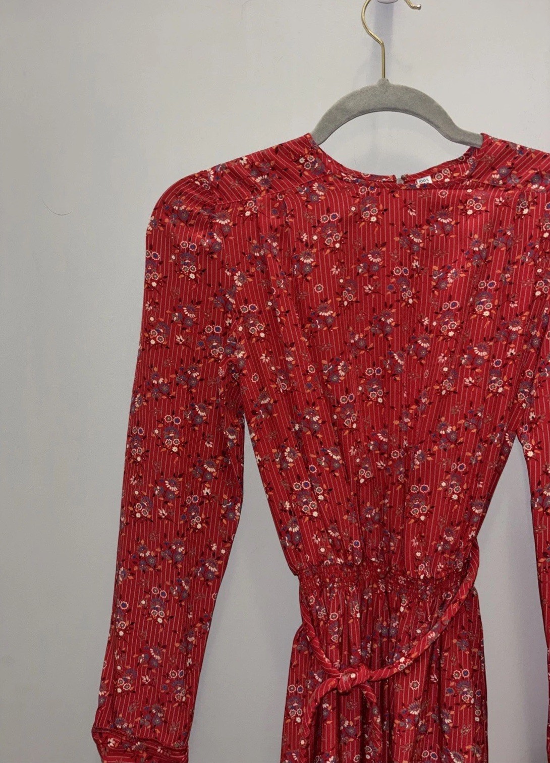 Vintage 100% Silk Red Floral Pinstripe Dress w/ Braided Belt 6 Made in Korea