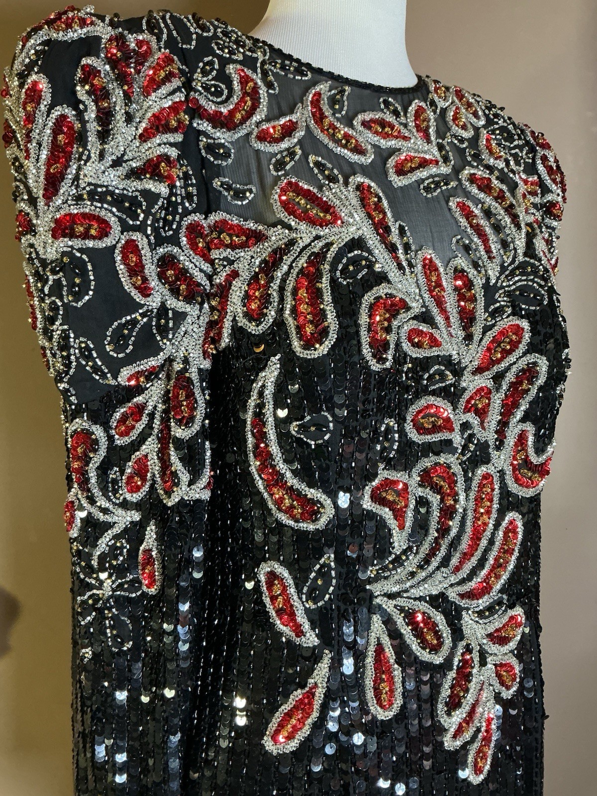 Niteline Vtg 80s 100% Silk Black Beaded Sequence Formal Dress Puff Shoulders 10