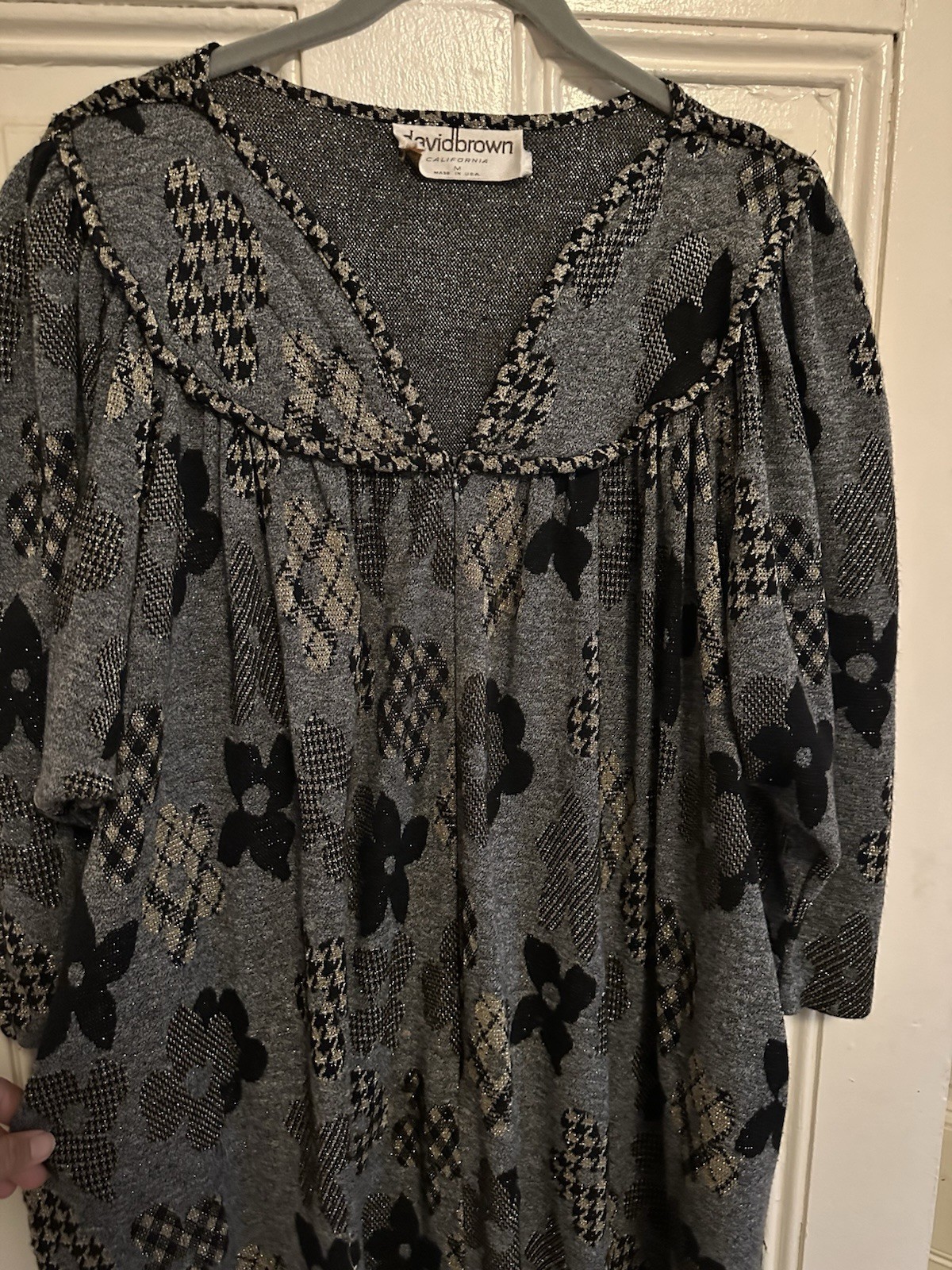 Stunning David Brown, 1970s metallic balloon sleeve houndstooth flower dress