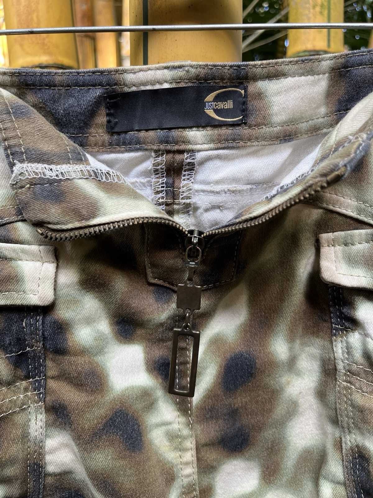 Vintage JUST CAVALLI DENIM camouflage pencil skirt 42 Gold Stitching Zip Italy