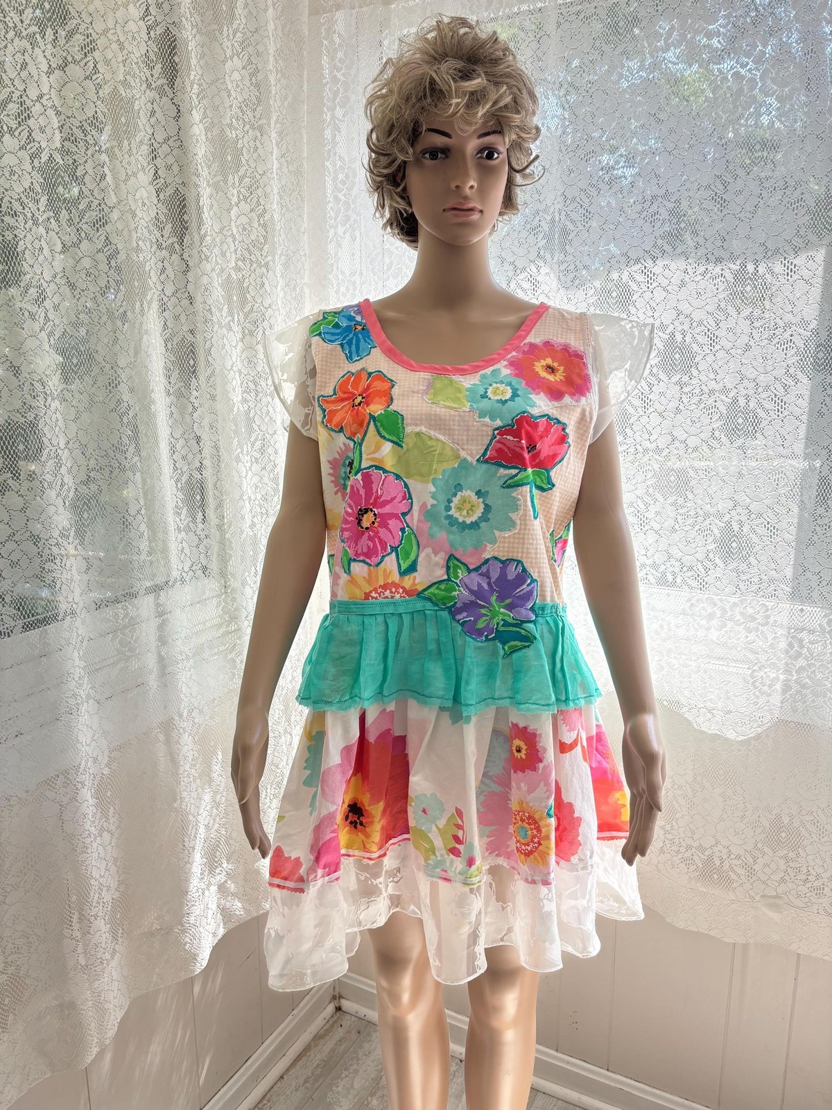 Upcycled Pinafore Dress: Floral Appliques, Lace Trim, OOAK Handmade Tunic