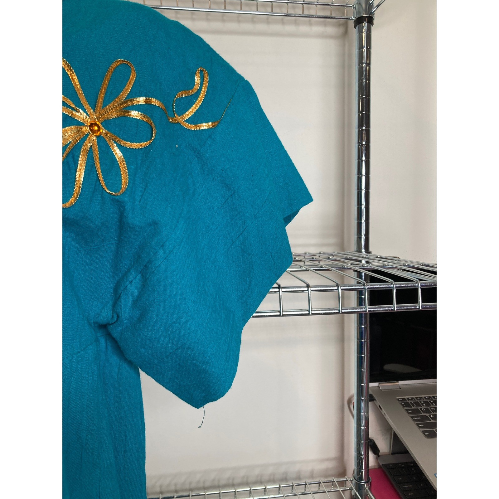 VTG 70s Womens Teal Embroidered Kaftan Housedress Est Sz M Mumu Golden Girls