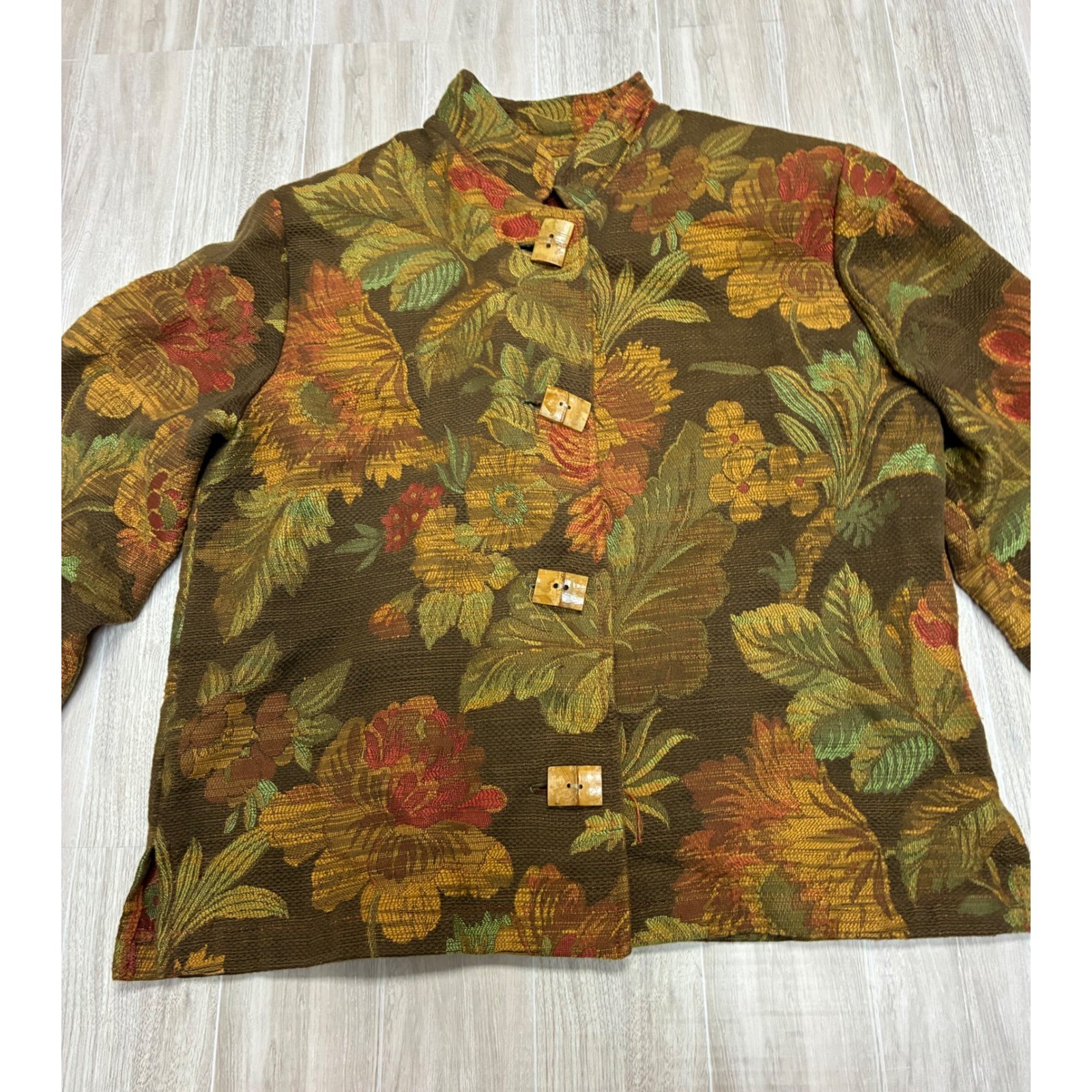 Painted Pony Vintage Tapestry Jacket Floral Botanical Wood Button USA Small