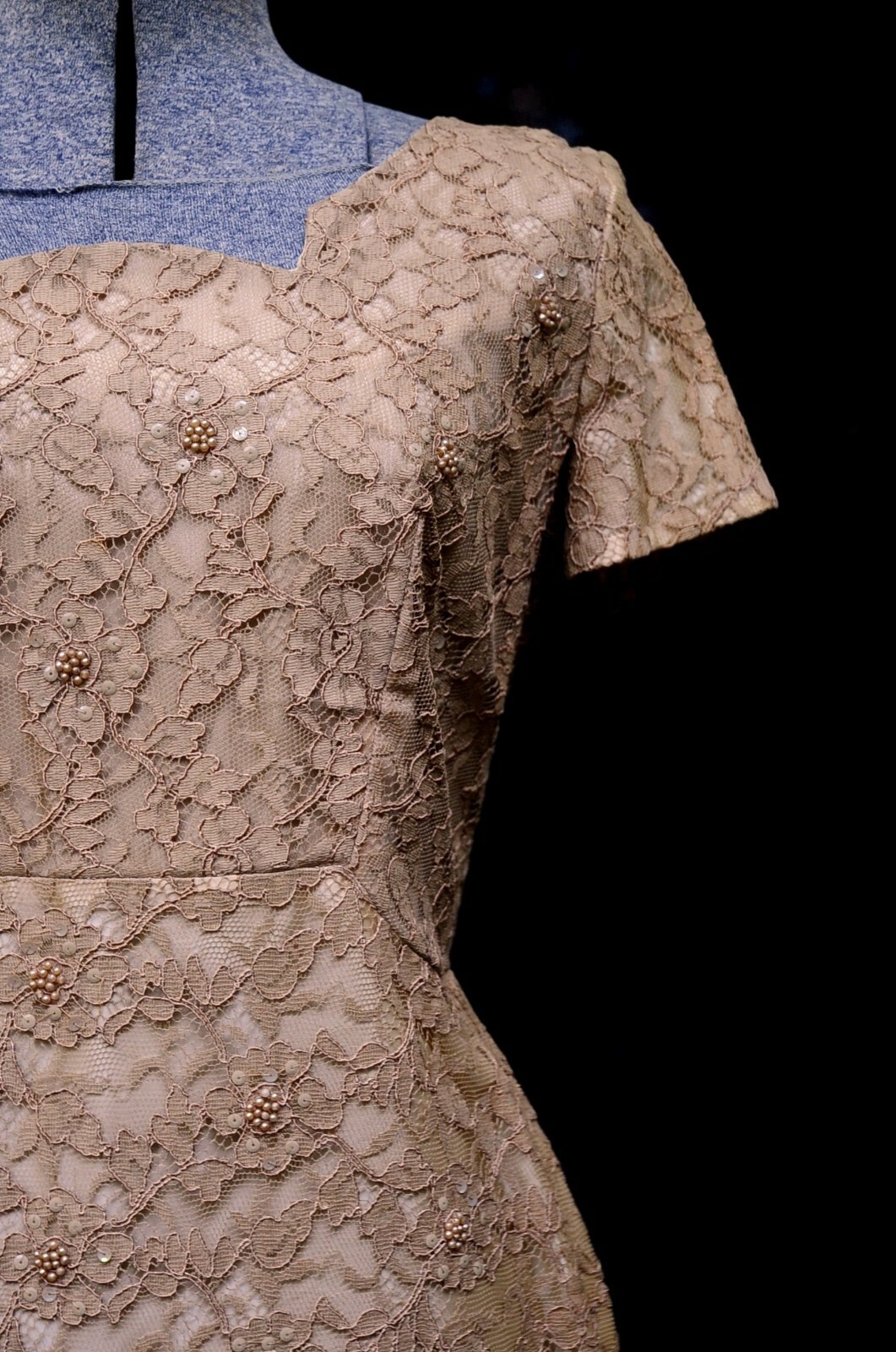 VTG 50s 60s Normal Original Sable Lace & Taffeta Party Prom Dress S/M Beading