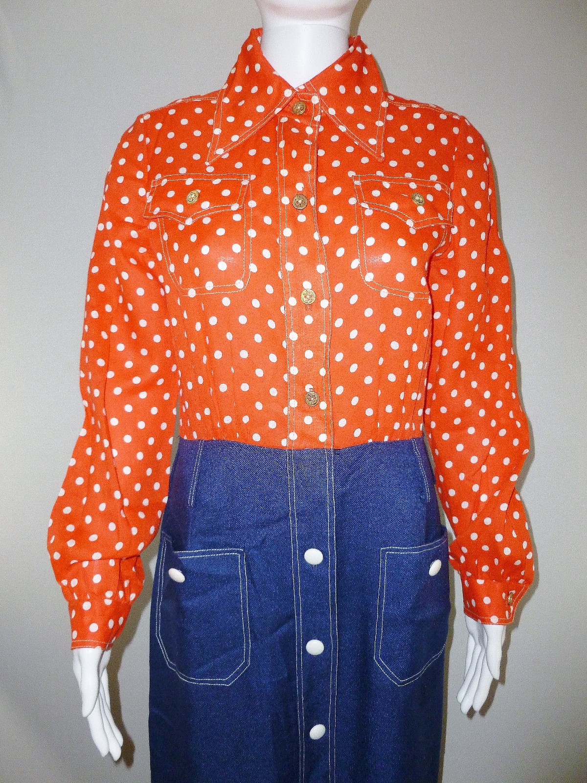 Vtg 70s Pat Sandler Maxi Dress Red White Blue Polka Dot Long Sleeve S/M Western